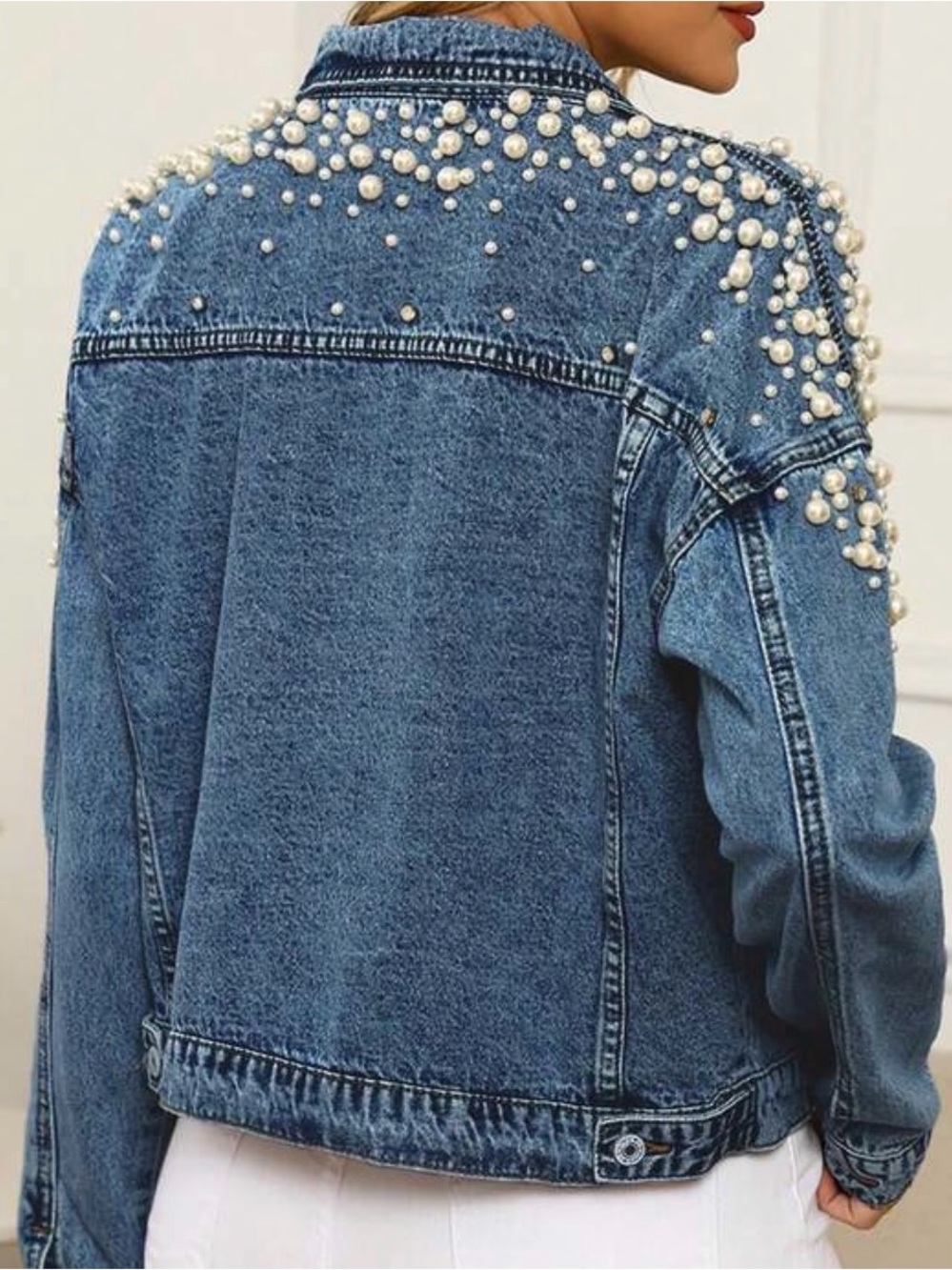 Embellished Pearl Denim Jacket - Blue
